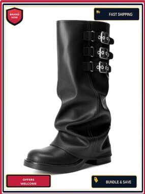 Women's Knee-High Faux Leather Slouchy Boots with Adjustable Buckles, Low
